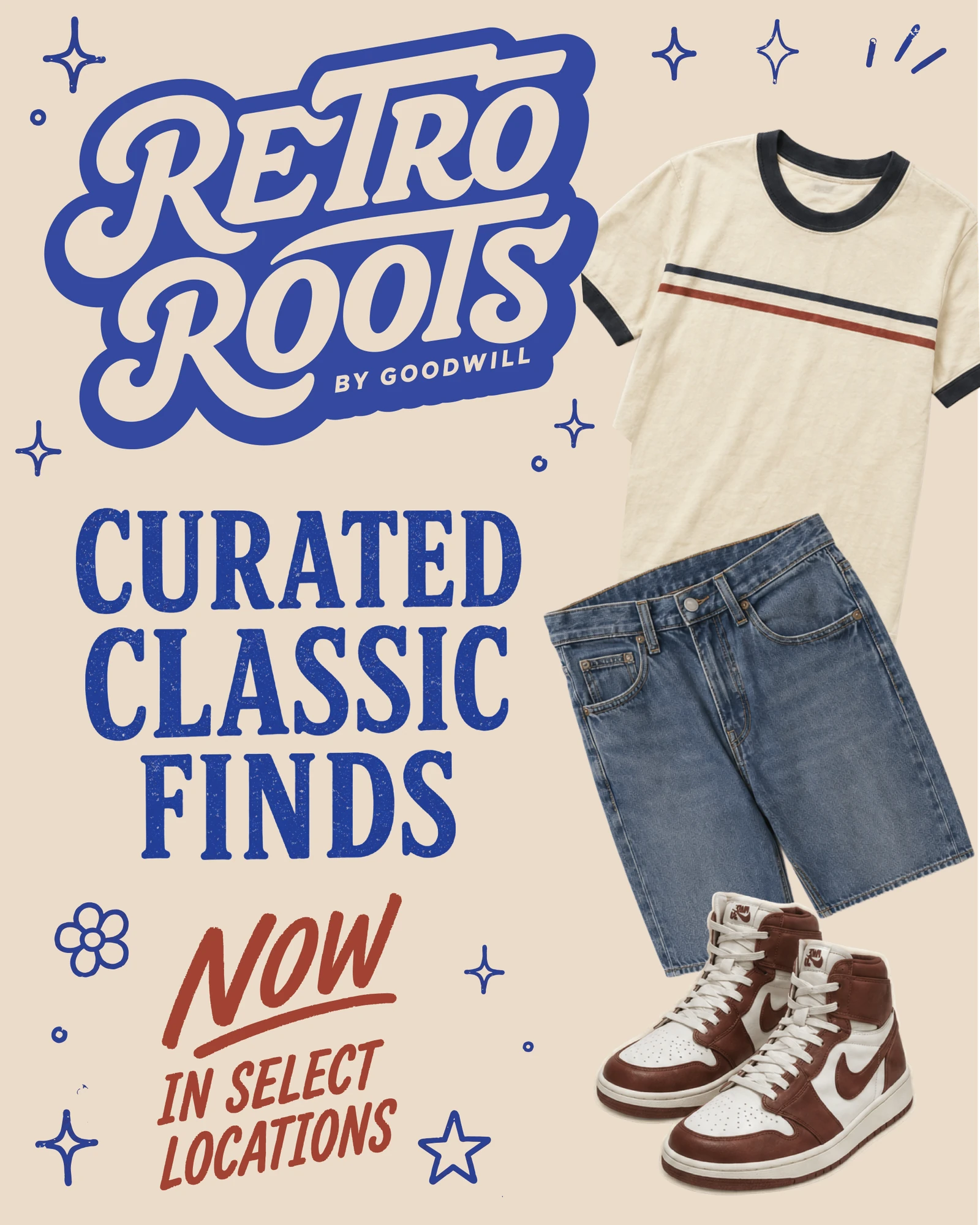 Portrait creative on cream: the Retro Roots logo, Curated Classic Finds in textured blue type, Now in select locations in red, with a ringer tee, denim shorts, and sneakers.