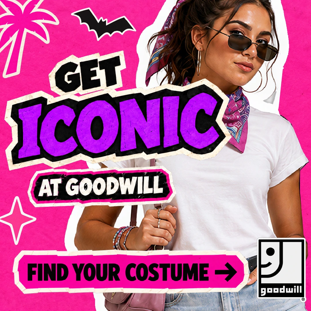 Get Iconic at Goodwill, woman in sunglasses and bandana on hot pink.