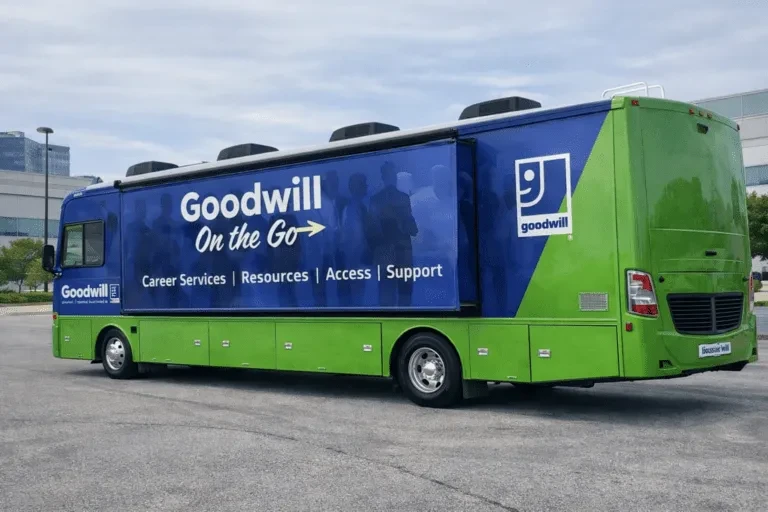 The wrapped Goodwill on the Go mobile career center parked in a lot. A blue upper panel reads Goodwill On the Go, Career Services, Resources, Access, Support, over a green lower body.